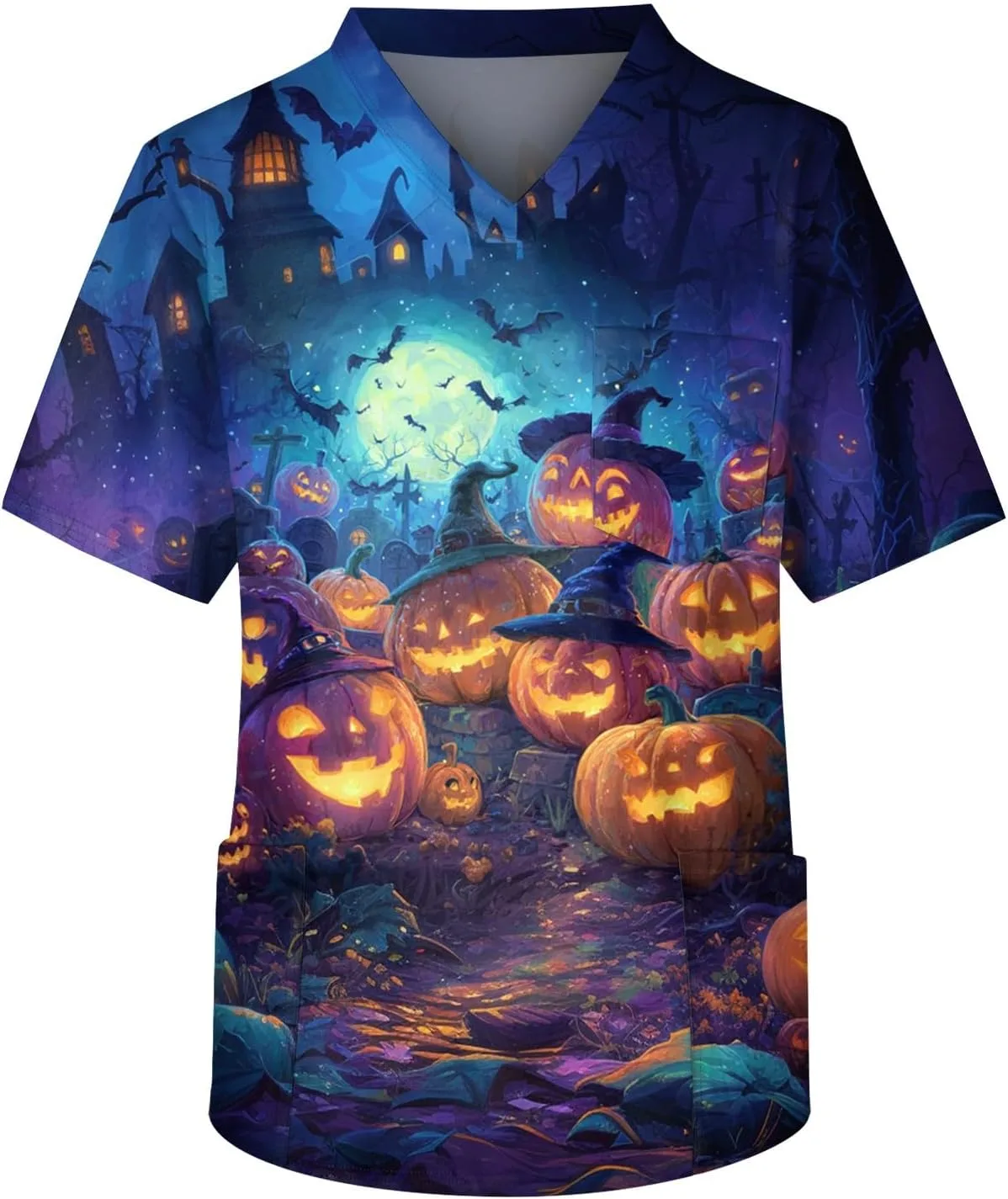 

Футболка с принтом "летучая мышь и тыква" для мужчин, V-образный вырез, короткий рукав, с карманами AMXYFBK