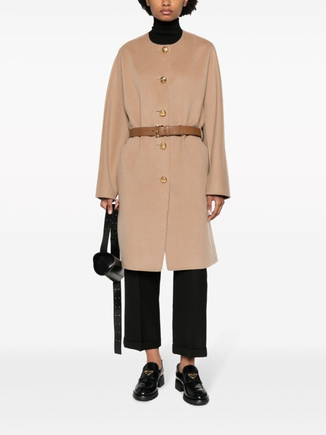 Prada однобортное пальто с поясом, нейтральный цвет — фото 2