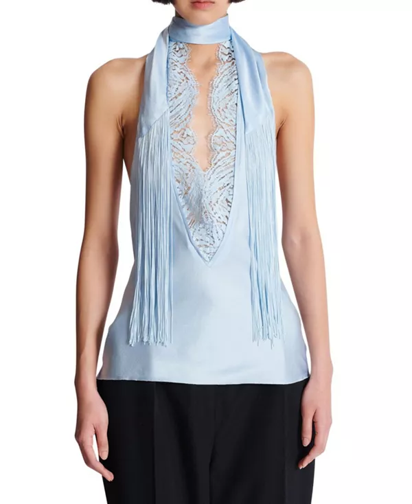 

Атласный топ без спинки с бахромой Balmain, синий