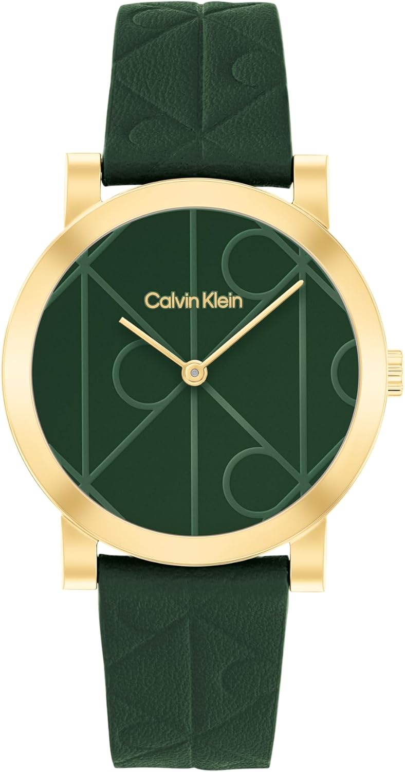 

Женские часы Calvin Klein CK Monogram из кожи, корпус 32 мм - культовый узорчатый циферблат, классический минималистичный стиль - подарок для нее, Green