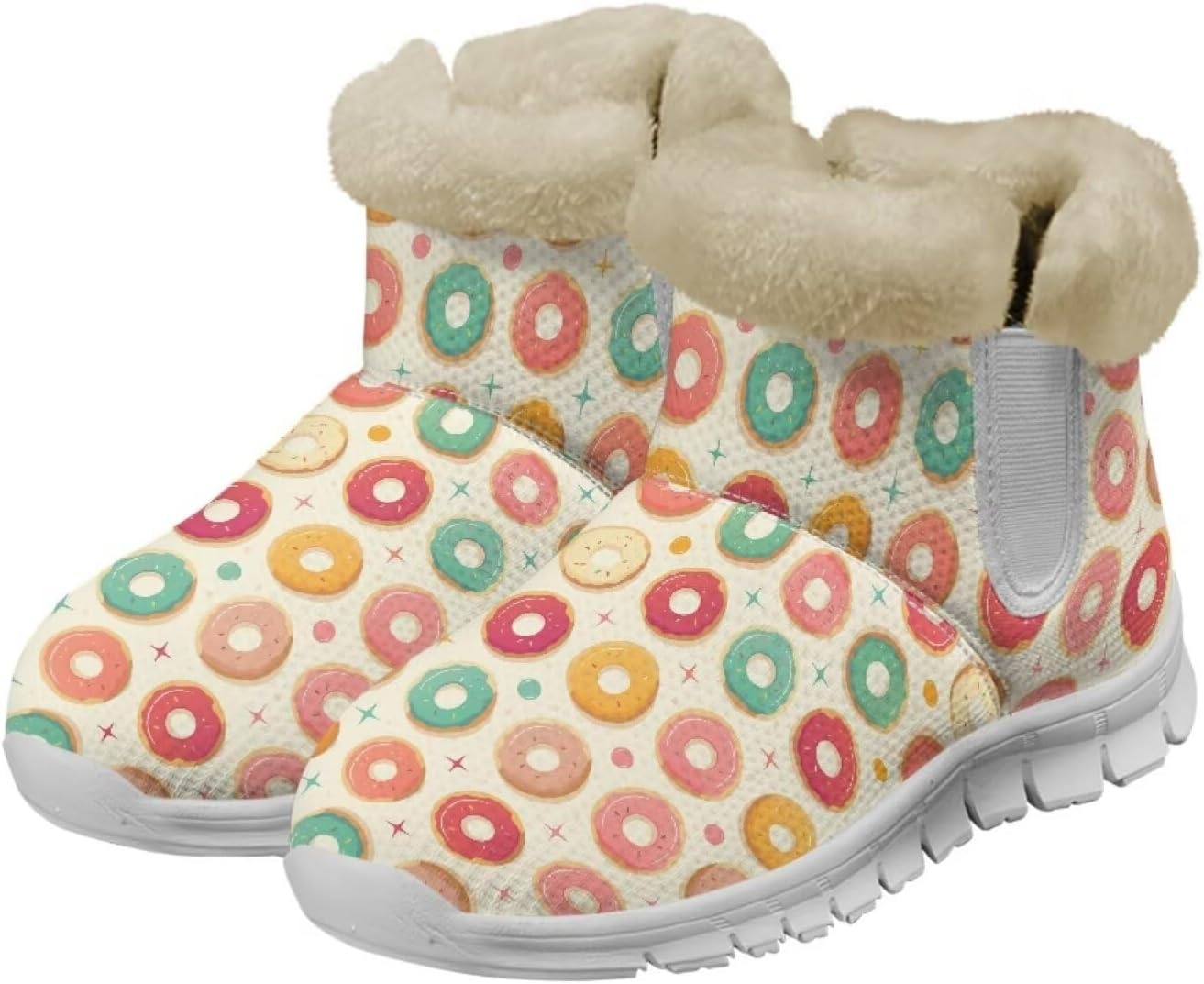 

Унисекс зимние снежные ботинки JoyLamoria, эластичные ботильоны до щиколотки, уличные, легко надеваются, удобные пушистые ботинки, Doughnut Print