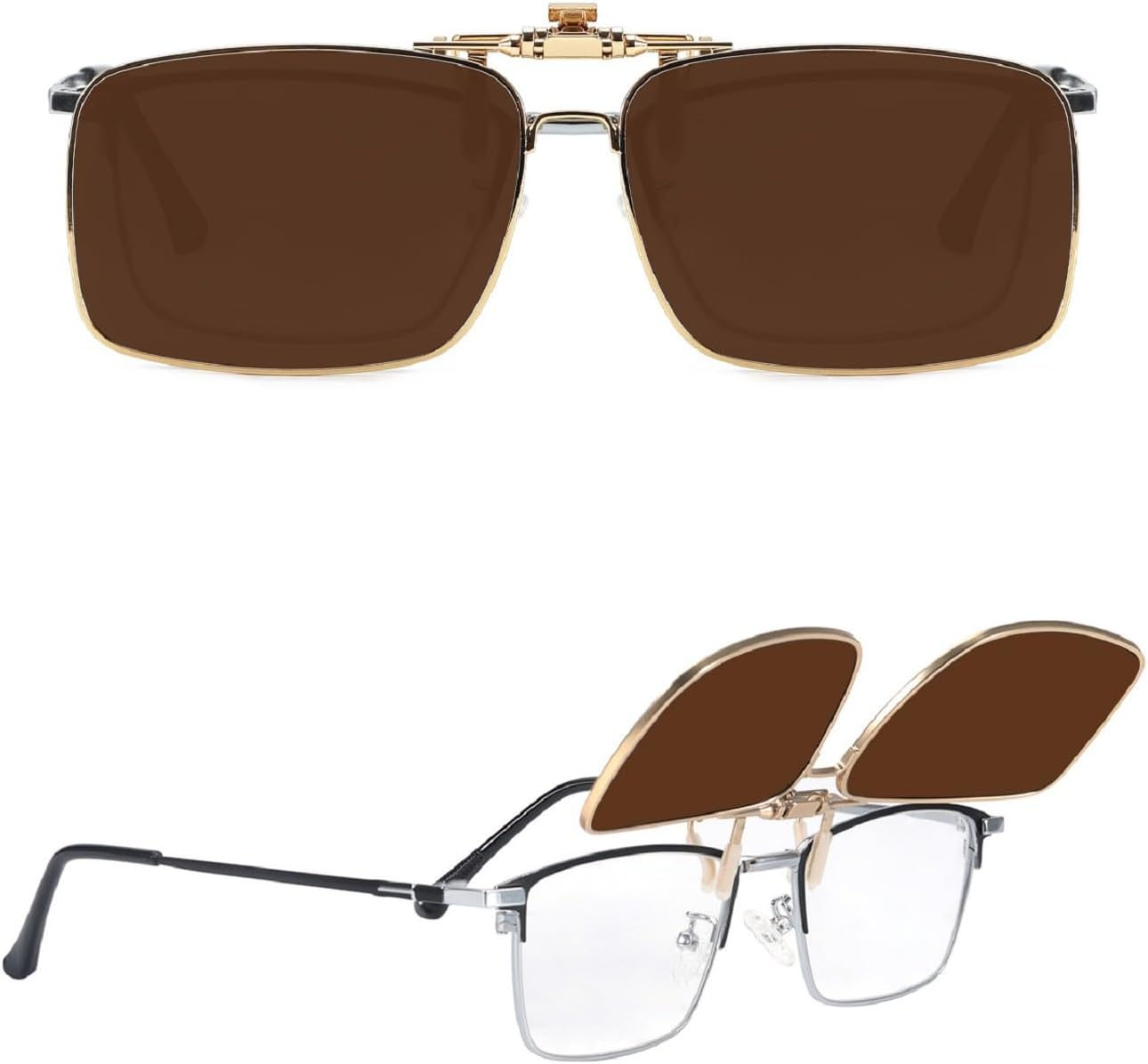

Солнцезащитные очки Myiaur Clip on, надеваемые поверх обычных очков, для мужчин и женщин, поляризованные, откидные, с защитой UV400, металлическая оправа, A04 Gold Frame Brown Lens