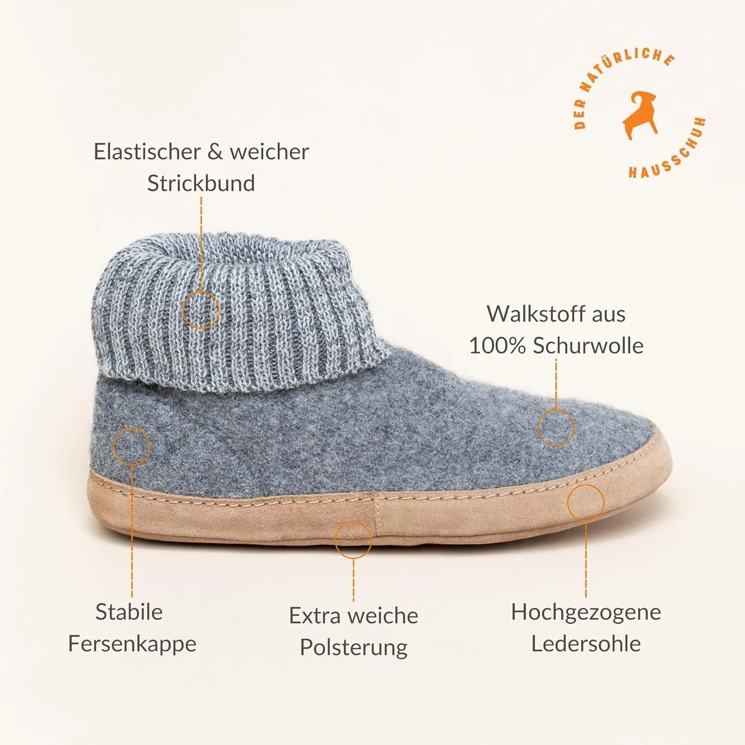 Новые шерстяные тапочки Gottstein Dakota Mulesing-Free Sheep - шерстяные тапочки для ручного труда. Мужские и женские, размер EU 36-47 - с высоким трикотажным поясом и мягкой кожаной подошвой, серый — фото 4