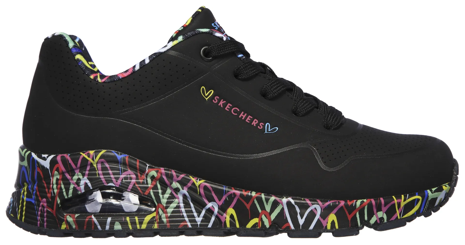 Кроссовки Skechers на танкетке "UNO-LOVING LOVE", с классным принтом граффити, повседневная обувь, полуботинки, туфли на шнуровке, черный — фото 2