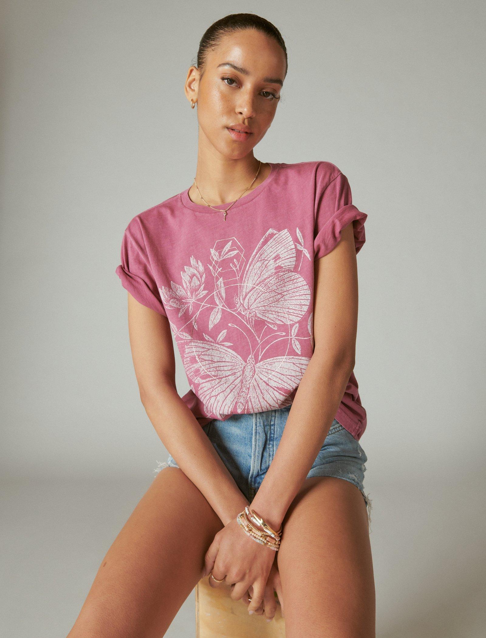 

Женская футболка бойфренда Lucky Brand Butterfly Garden, цвет medium dark pink