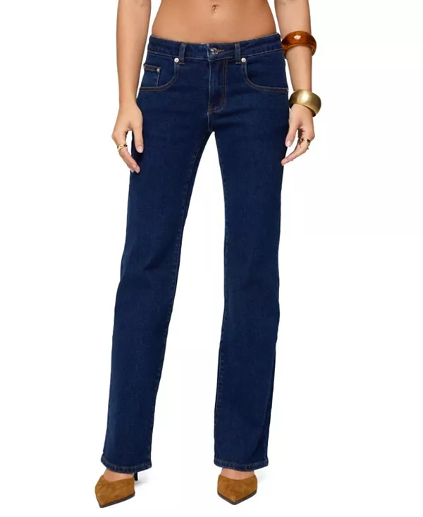 

Джинсы Jemima с низкой посадкой и прямым кроем, темно-синего цвета с эффектом потертости. Edikted, синий