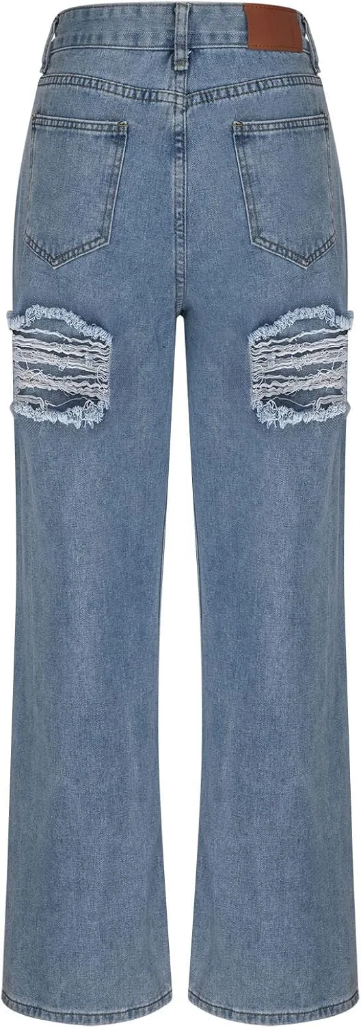 Джинсы женские High Waisted Stretch Ripped Wide Straight Leg — фото 4
