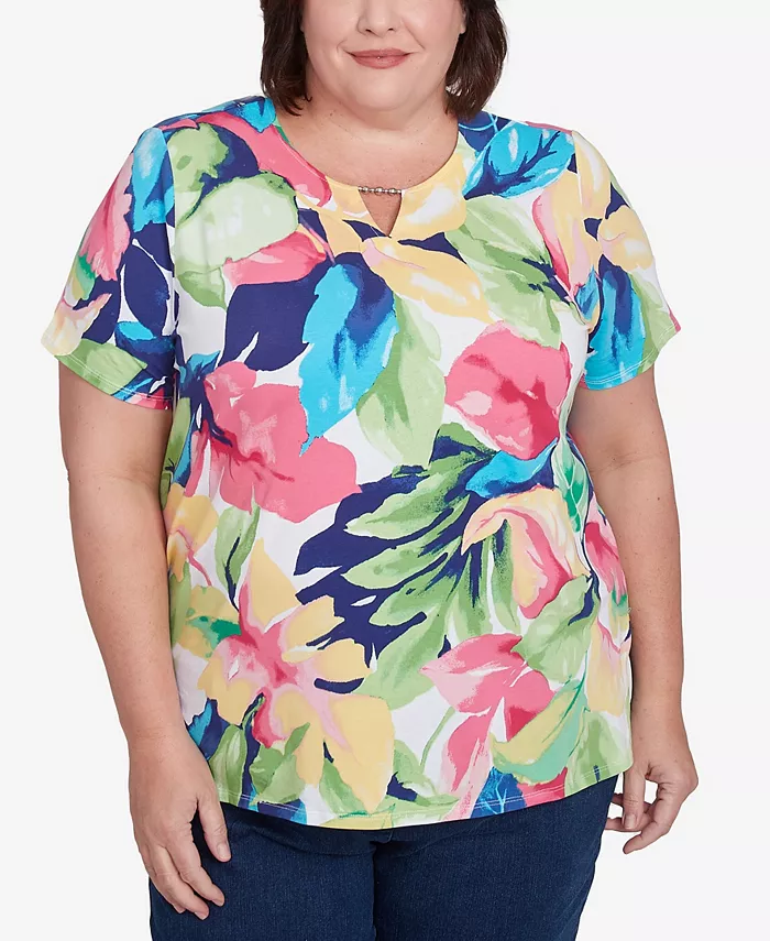 

Топ с разрезом и бусинами в тропическом стиле Plus Size Alfred Dunner, мультиколор