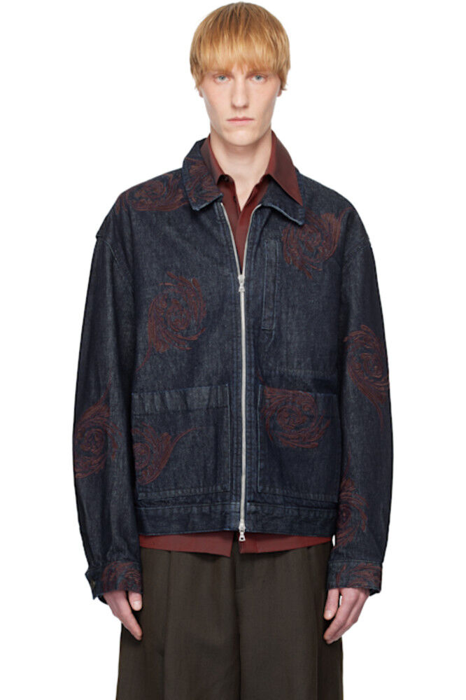 

Куртка из денима с вышитым узором темно-синего цвета Dries Van Noten