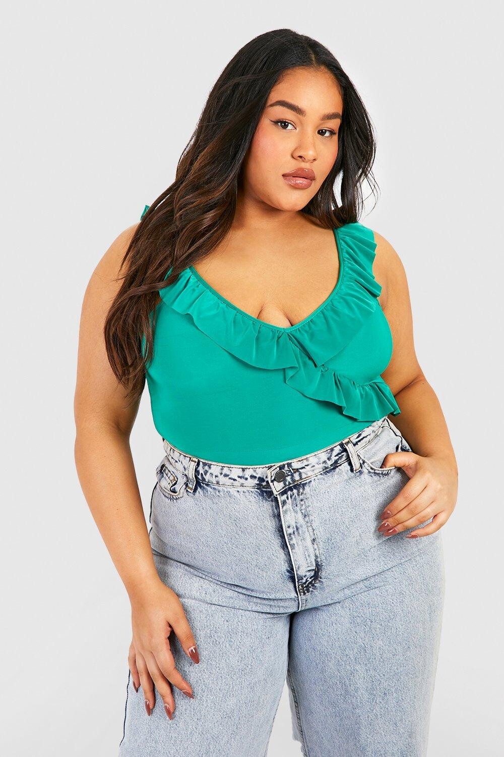 

Боди plus one плечо с рюшами Boohoo, зеленый