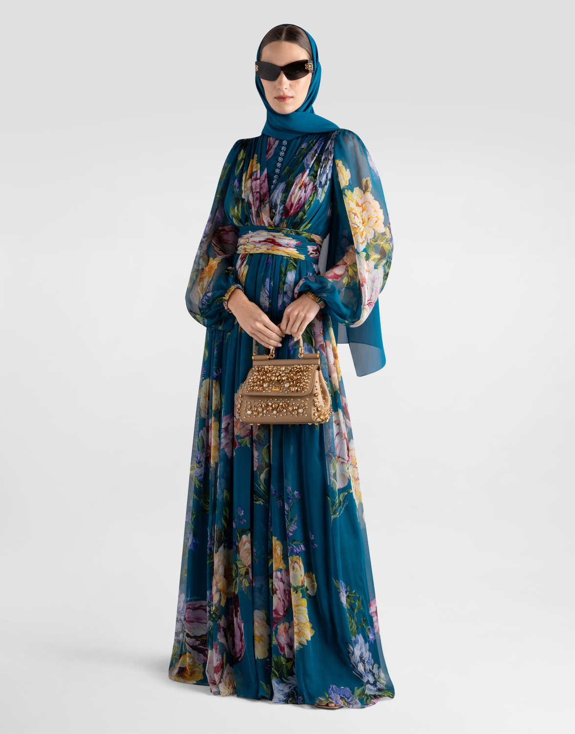 Шифоновое платье с принтом пионы DOLCE & GABBANA, мультиколор — фото 2