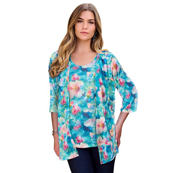 

Женский сет из топа и кардигана с принтом, plus size Roaman'S, Light Turq Floral