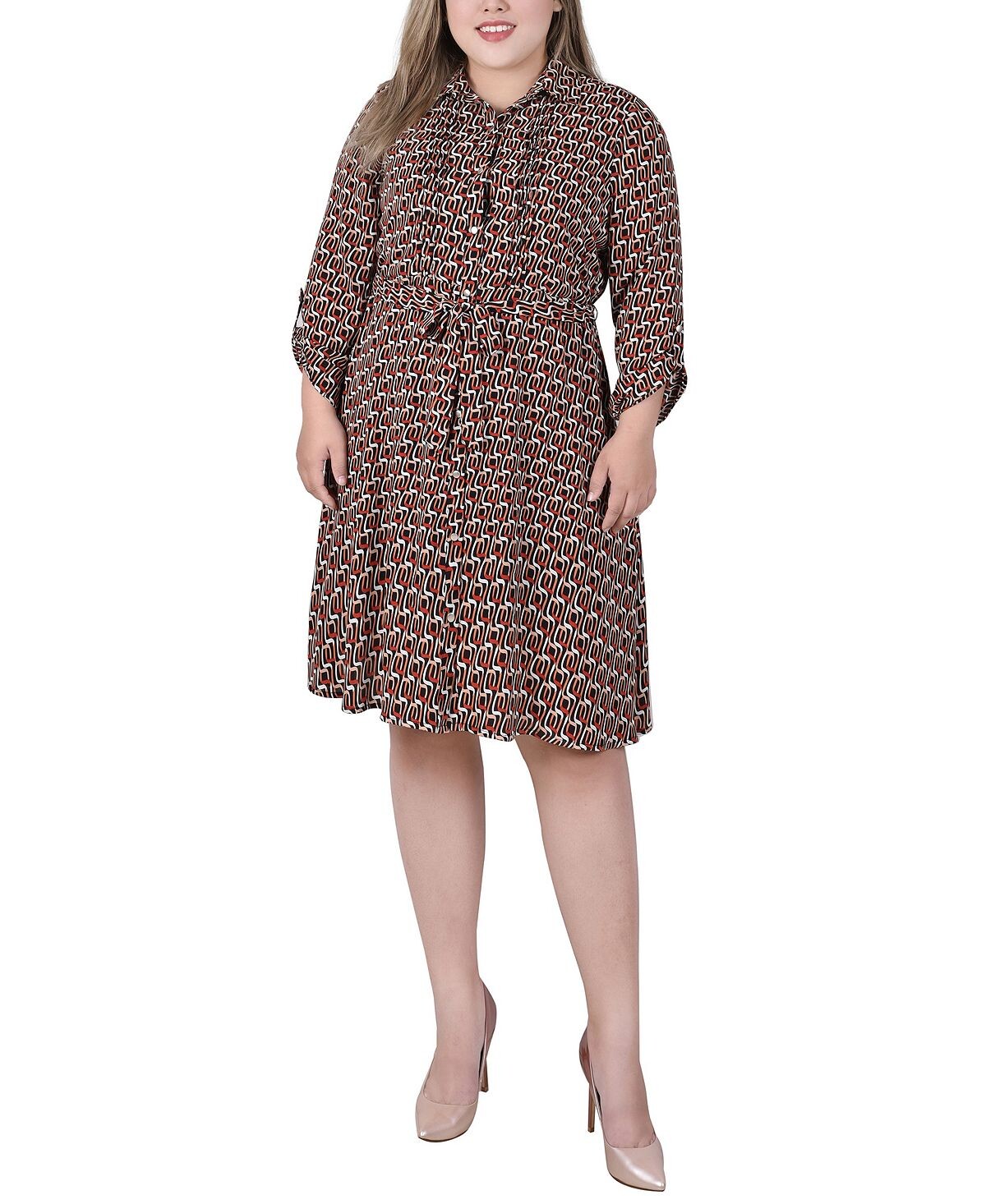 

Платье добби больших размеров с длинными рукавами-рулонами и язычками NY Collection