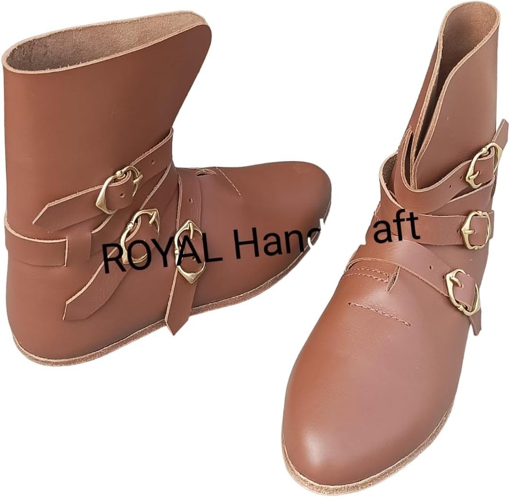 Медievalные кожаные сапоги Rhishoe с тремя пряжками, пара, коричневые кожаные сапоги с пряжкой, обувь, пара — фото 3