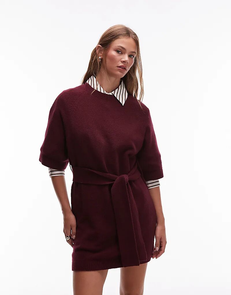 

& Other Stories трикотажное мини-платье с поясом и широкими рукавами в бордовом цвете