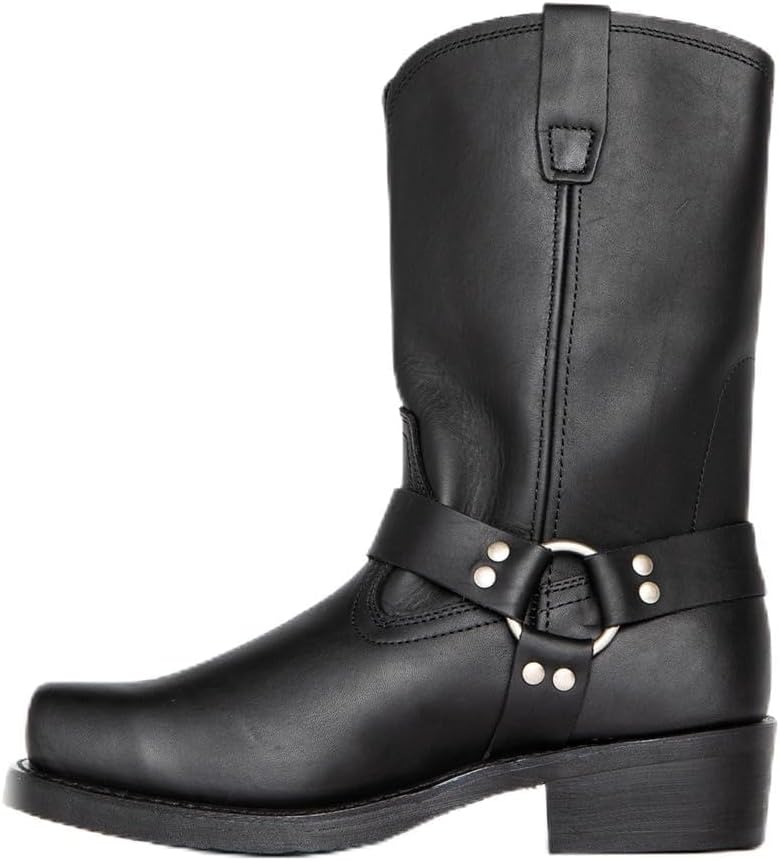 

Мужские ковбойские ботинки LokoLucx с деревянным каблуком, квадратным носком, ремешками вестерн, классические ботинки до середины голени на подтяжках, прочная обувь из искусственной кожи, черный