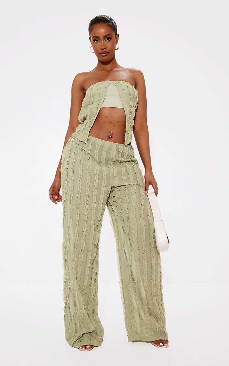 

PrettyLittleThing Широкие брюки оливкового цвета с тканой оборкой, Зеленый, PrettyLittleThing Широкие брюки оливкового цвета с тканой оборкой