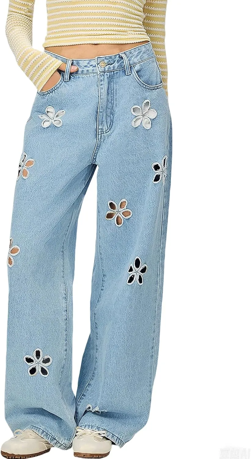 

CHARTOU Женские джинсы Mid Waisted с ажурным цветочным принтом Straight Wide Leg