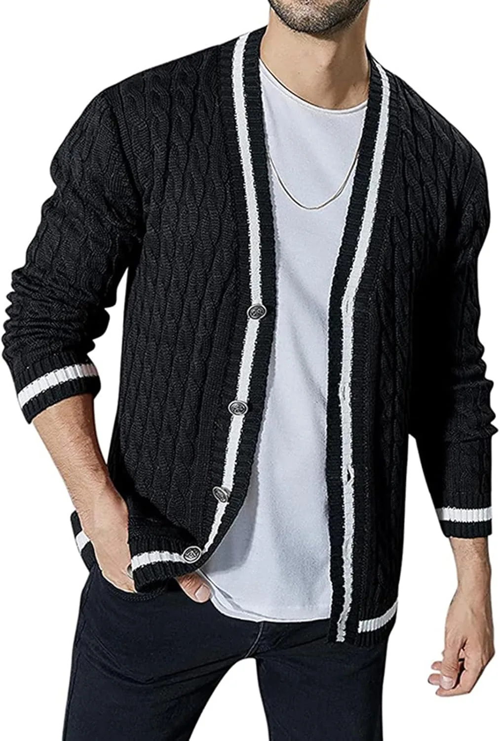 

Ymosrh мужской кардиган с кабельной вязкой, длинный рукав, V-образный вырез, пуговицы, осень-зима, теплый свитер, M-2XL