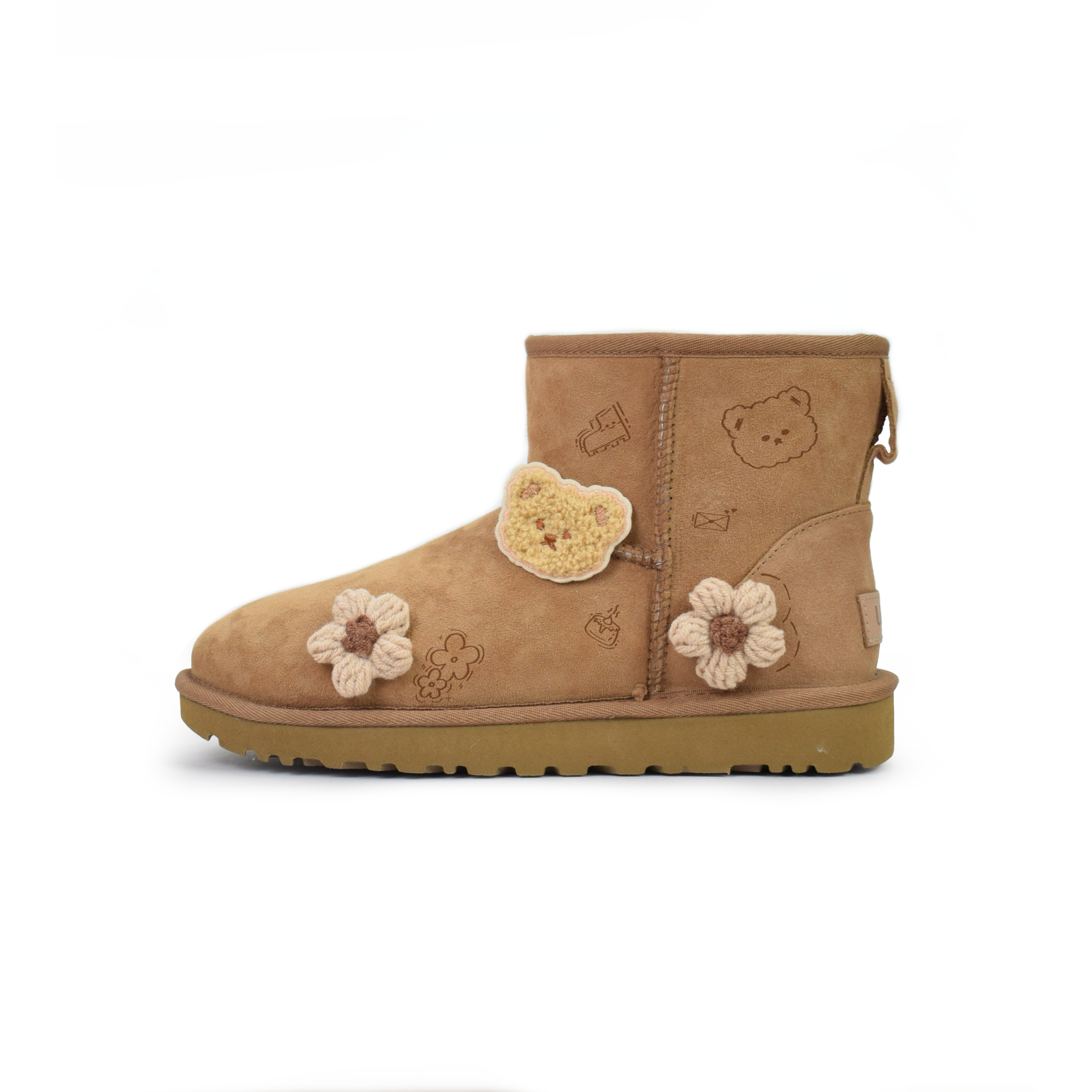 Ботинки зимние UGG Classic Mini с принтом и декором, коричневый