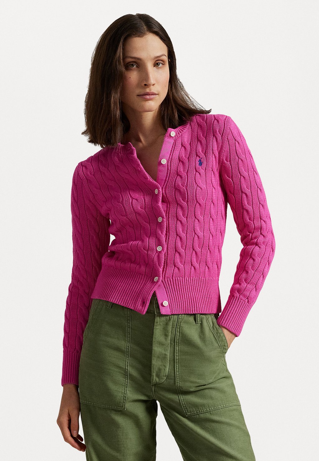 

Кардиган CABLE KNIT COTTON CREWNECK CARDIGAN Polo Ralph Lauren, розовый