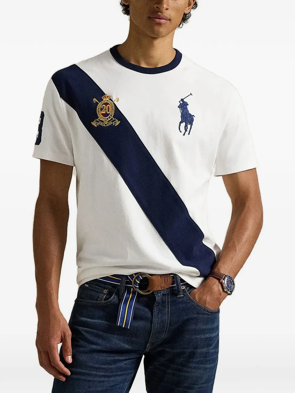 

Футболка с вышитым логотипом и диагональными полосами Polo Ralph Lauren, белый