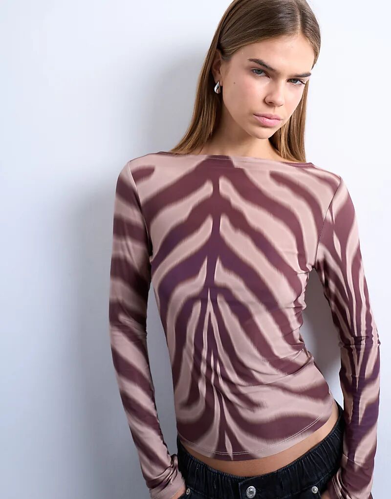 

Коричневая кофта Topshop из микрофибры с длинными рукавами и принтом зебры