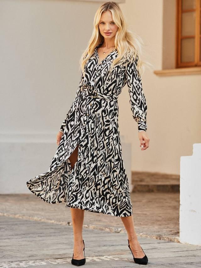 

Абстрактное платье-рубашка с поясом Sosandar, Black/Multi