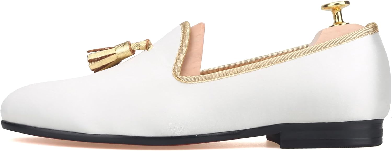 

Ручная работа FERUCCI Белые мужские бархатные тапочки-лоферы с золотой кисточкой