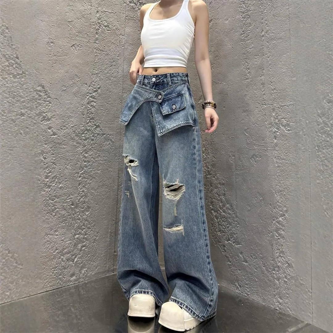Женские джинсы прямые широкие повседневные Fake Two-Piece Denim для ежедневной носки Generic, 9037 — фото 3