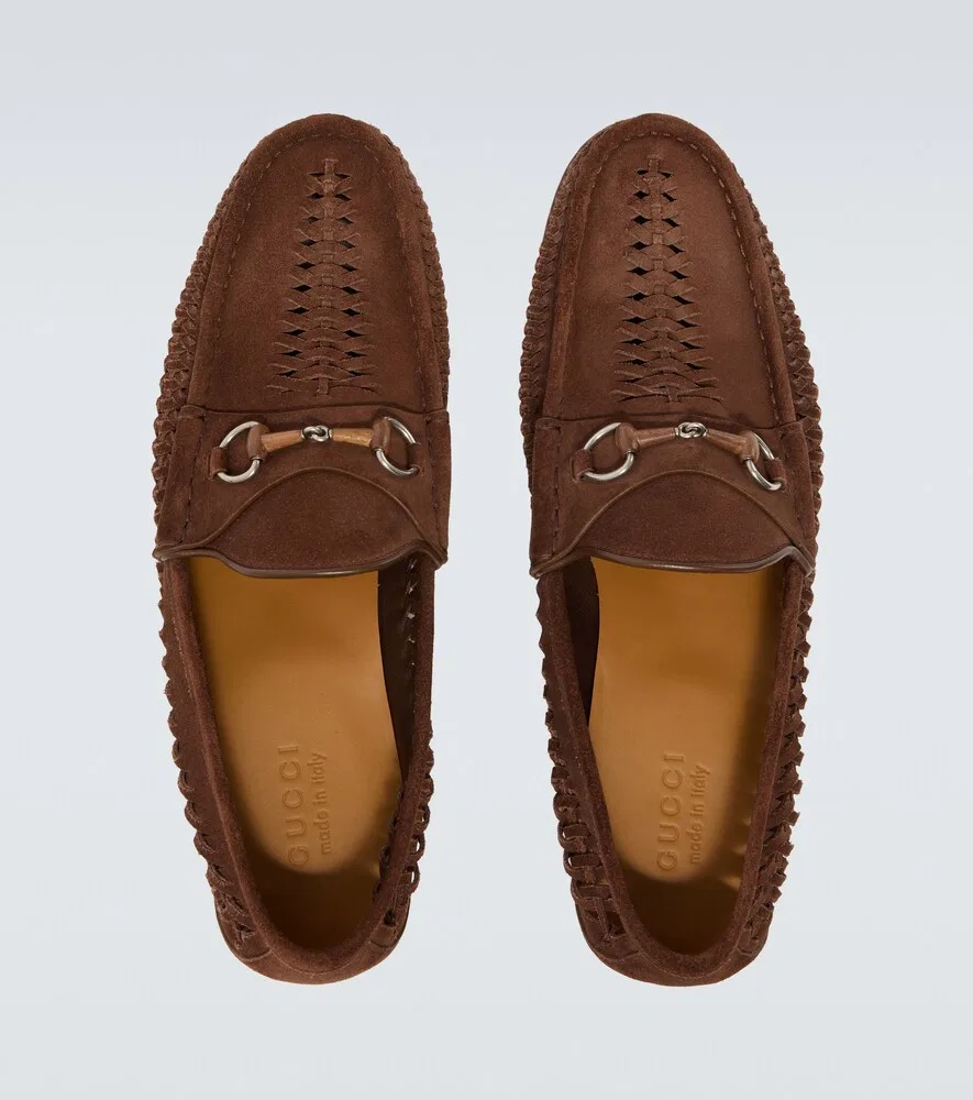 Лоферы из замши с плетеной пряжкой в виде бамбуковой конской уздечки Gucci, коричневый — фото 4