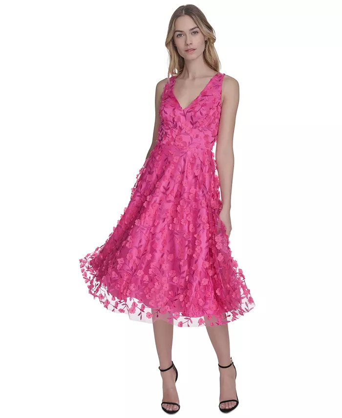 

3D-цветочное платье миди с приталенным силуэтом и расклешенной юбкой Eliza J, розовый