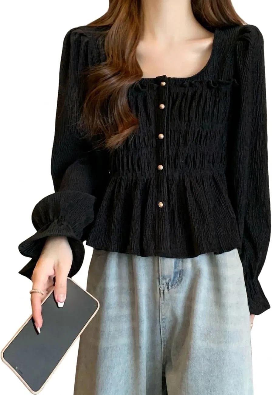 Блуза с квадратным вырезом, фрил, женская, черный