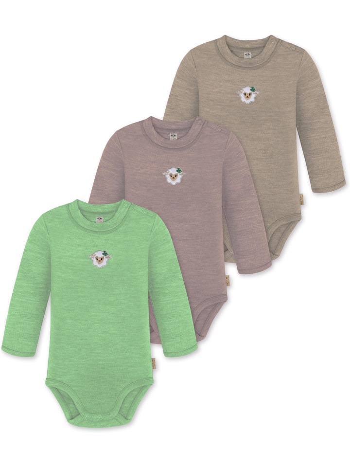 

Normani Outdoor Sports Набор из 3 детских боди с длинными рукавами из мериносовой шерсти "Туай" в бежево-розово-зеленой расцветке