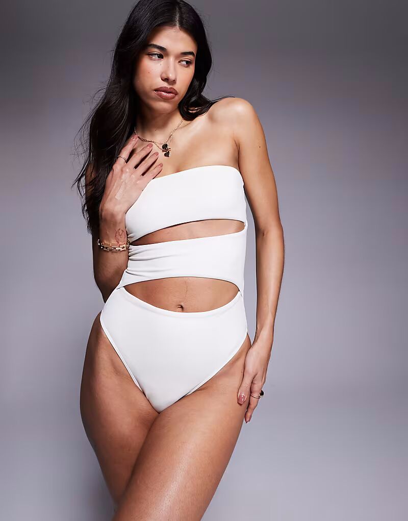 

Купальник-бандо со вставками и вырезами кремового цвета Asos Design, Бежевый, Купальник-бандо со вставками и вырезами кремового цвета Asos Design