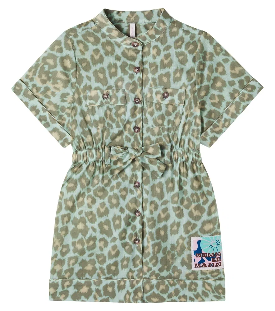Хлопковое платье Patience с леопардовым принтом Zimmermann Kids, зеленый