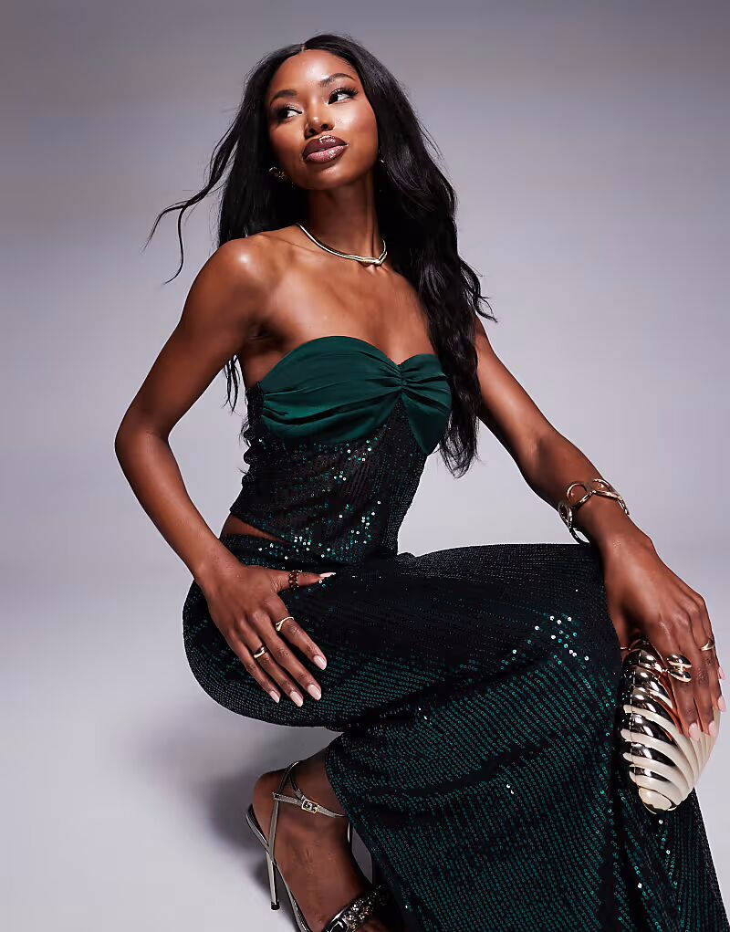 

Контрастный атласный корсет-бандо с изумрудными пайетками Missyempire