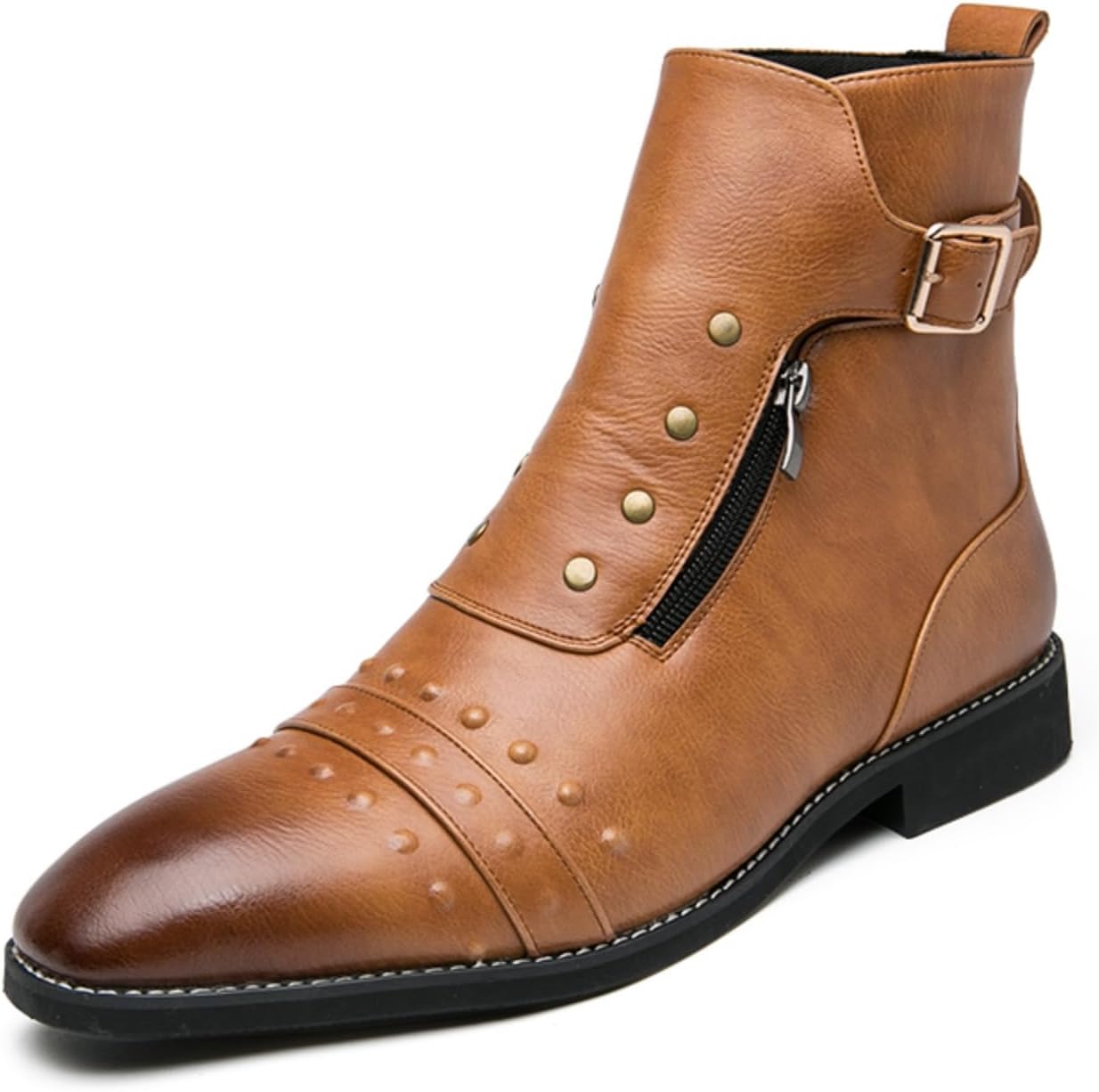 

Мужские ретро кожаные ботинки-чукка с пряжкой, боковой молнией, заостренным носком, нескользящей подошвой и низким каблуком, повседневная обувь для делового и повседневного стиля, выпускного вечера и вечеринок Boaobaihuo, коричневый