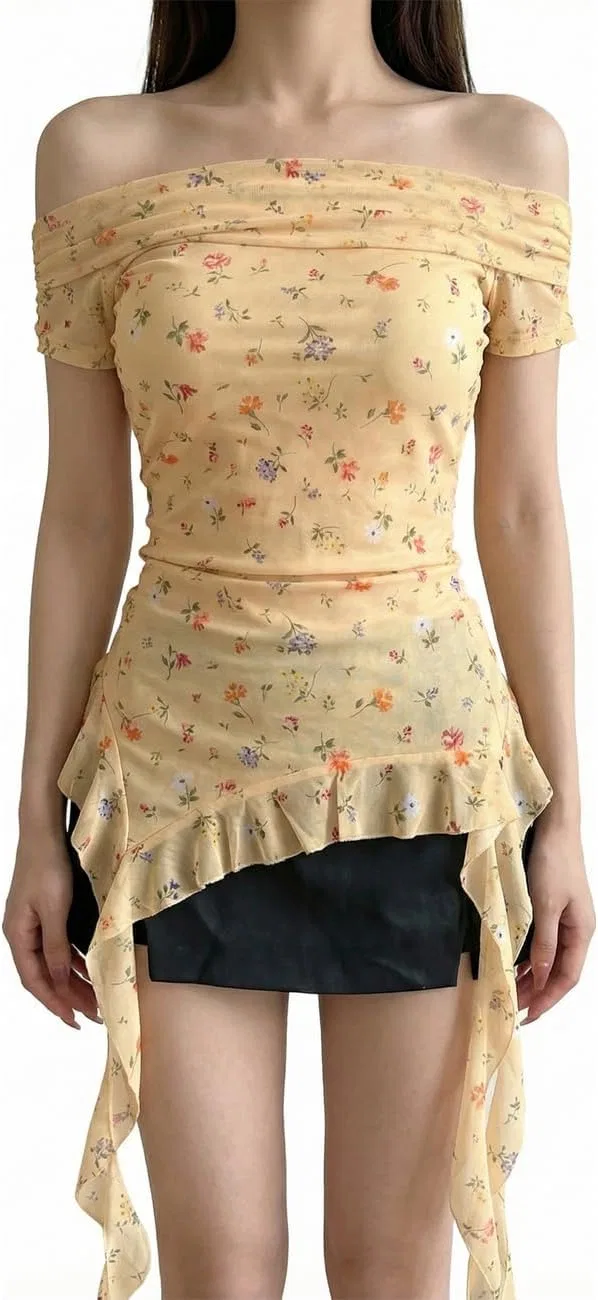 Блуза с цветочным принтом, off-shoulder, желтый