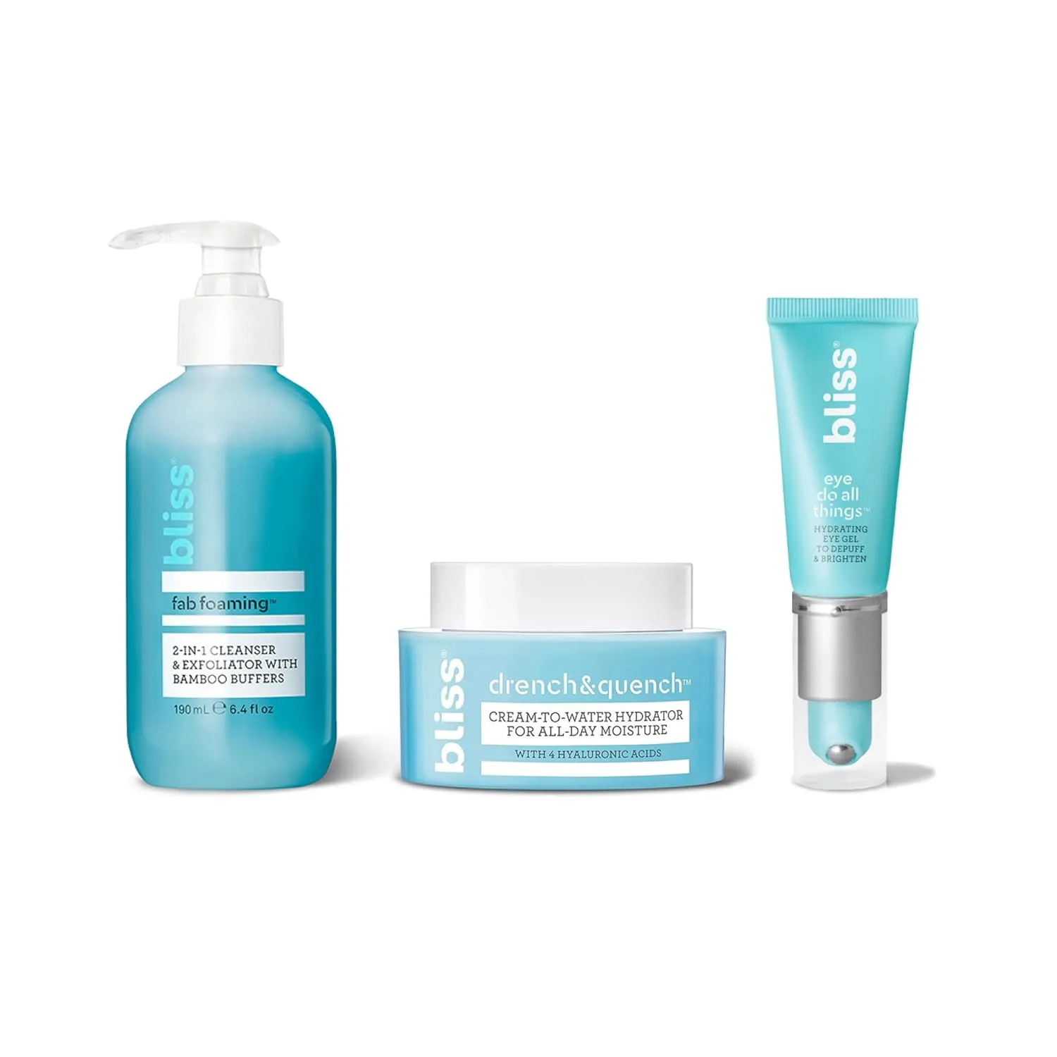 Bliss Essentials Skincare Kit: увлажняющий гель для глаз Eye Do All Things, увлажняющий крем для лица Drench & Quench с гиалуроновой кислотой и 2-в-1 очищающее пенящееся средство и эксфолиатор