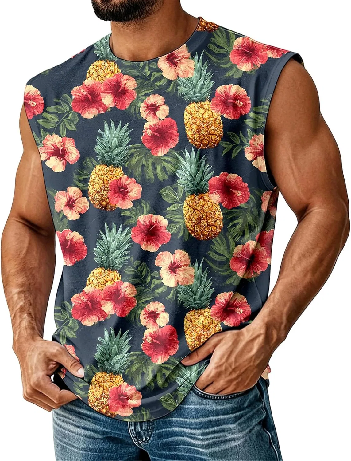 Мужской топ-безрукавка с тропическим принтом, Polyester/Spandex, Red Hibiscus — фото 4