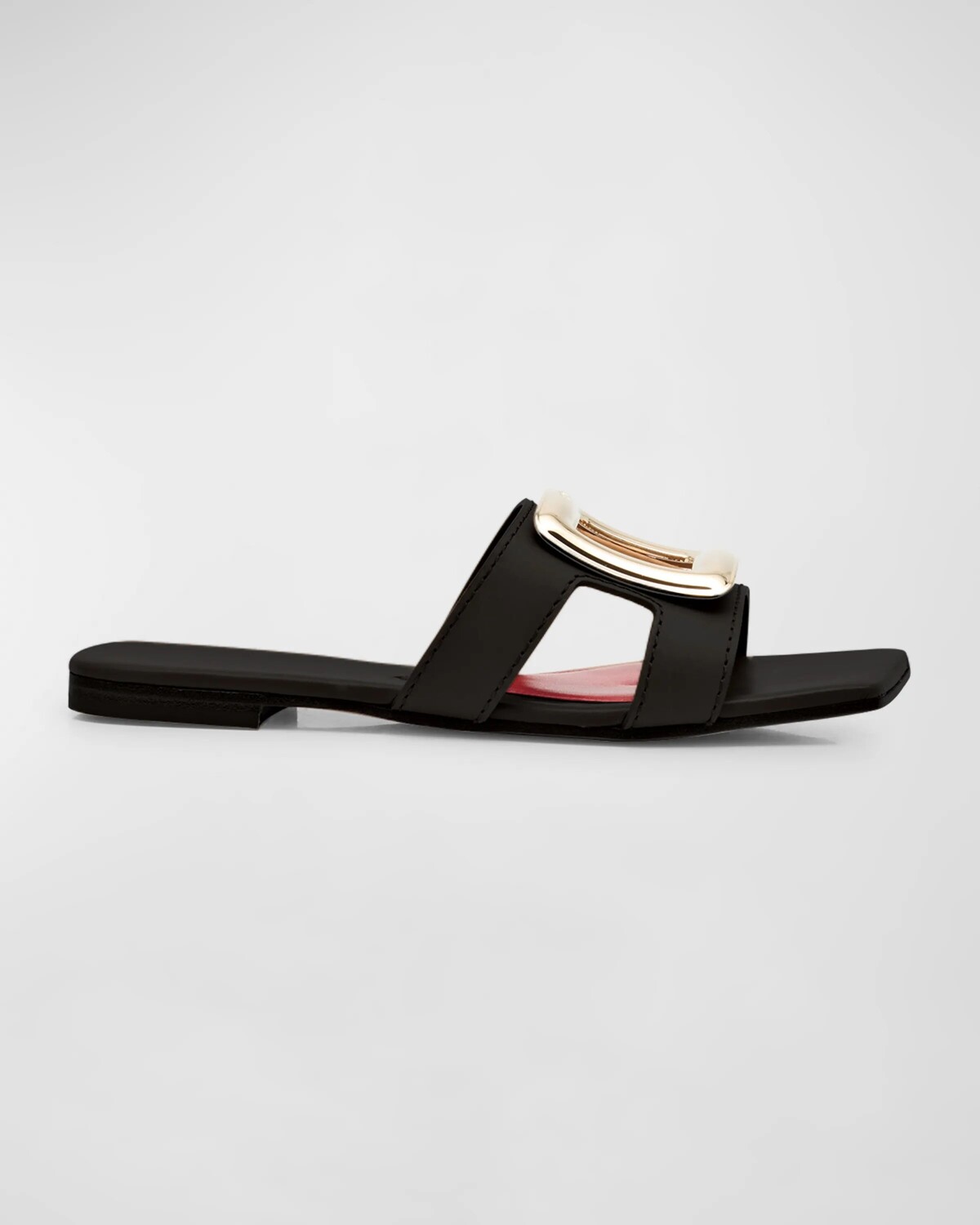 Кожаные шлепанцы с пряжкой на плоской подошве Roger Vivier, цвет Nero