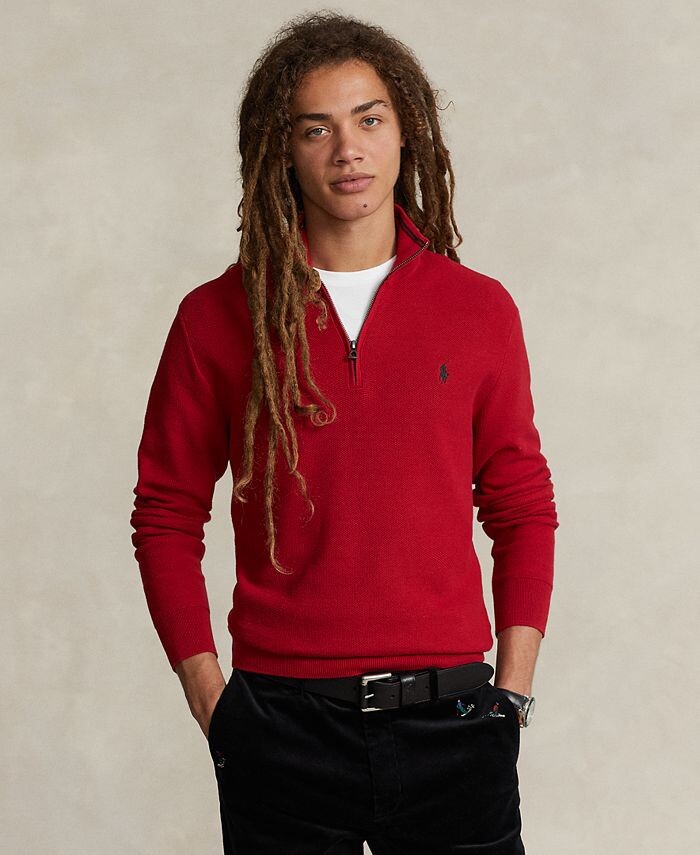

Мужской хлопковый свитер сетчатой вязки с молнией на четверть Polo Ralph Lauren, красный