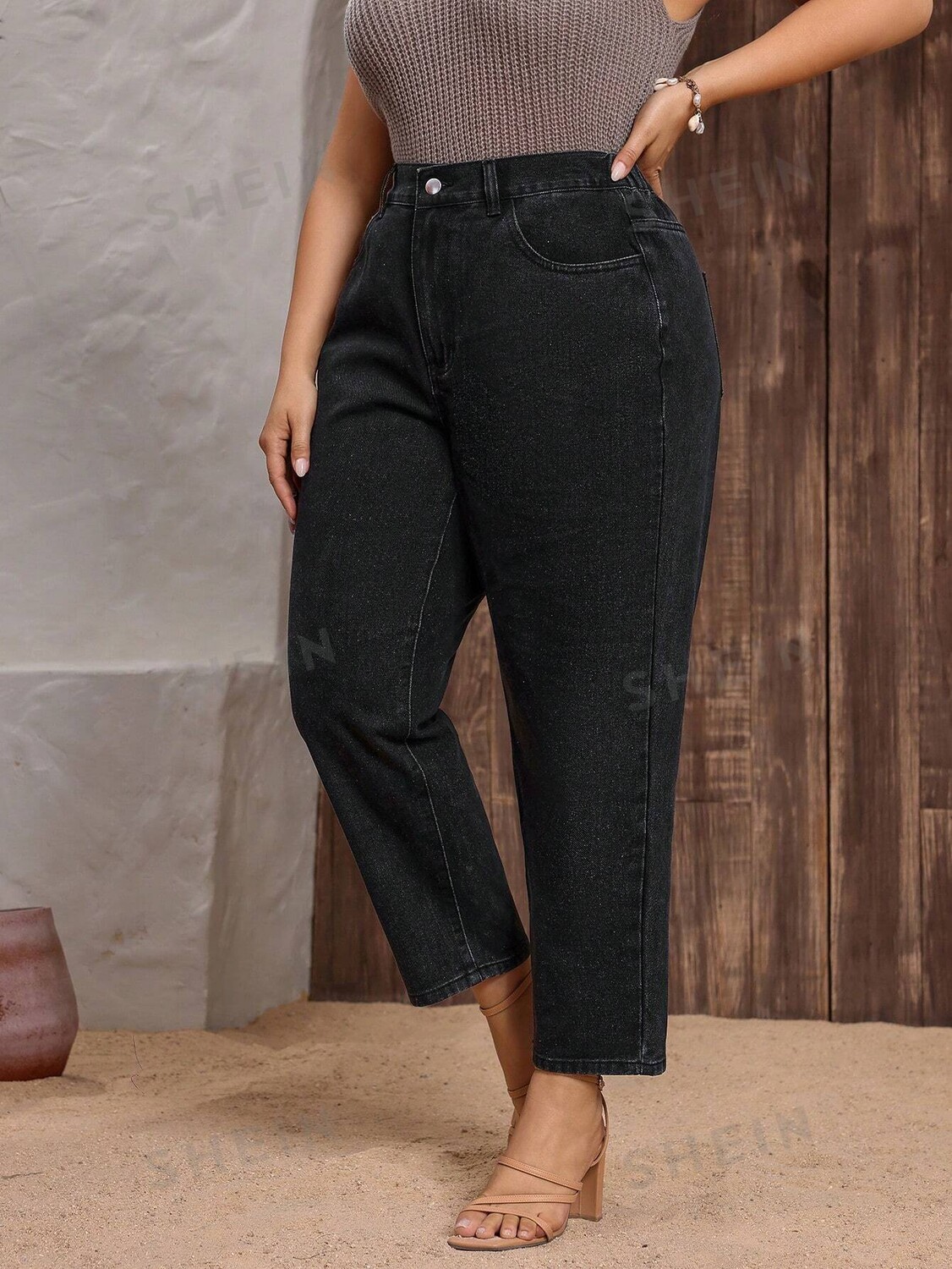 

LUNE Черные повседневные прямые джинсы больших размеров Shein, черный