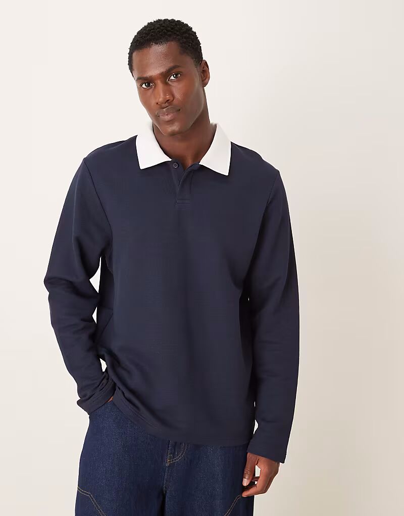 

Поло из пике с контрастным воротником темно-синего цвета Asos Design, Синий, Поло из пике с контрастным воротником темно-синего цвета Asos Design