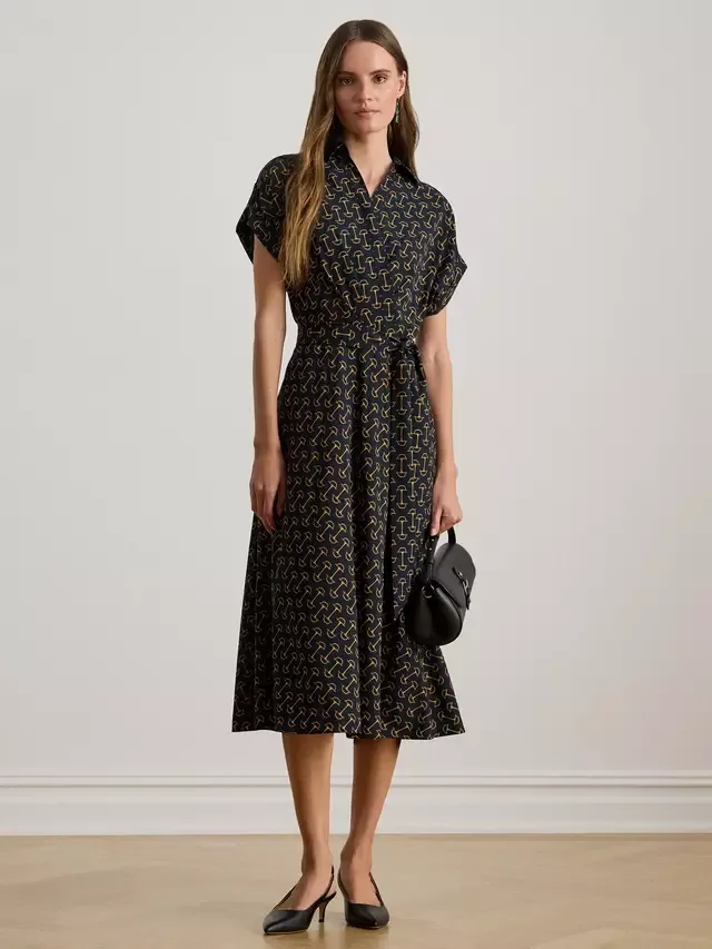 Платье из крепа с геометрическим узором и поясом от Lauren Fratillio, темно-синее Ralph Lauren