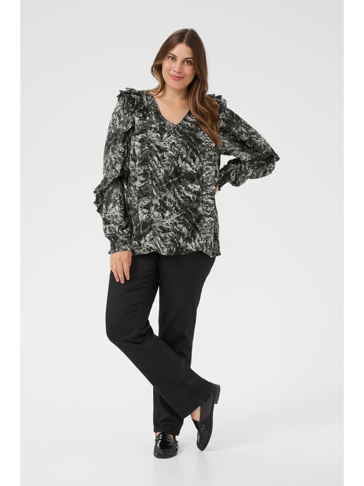 

KAFFE curve Блузка с длинными рукавами KCalicia, стандартный крой, черно-серый, с абстрактным графическим рисунком
