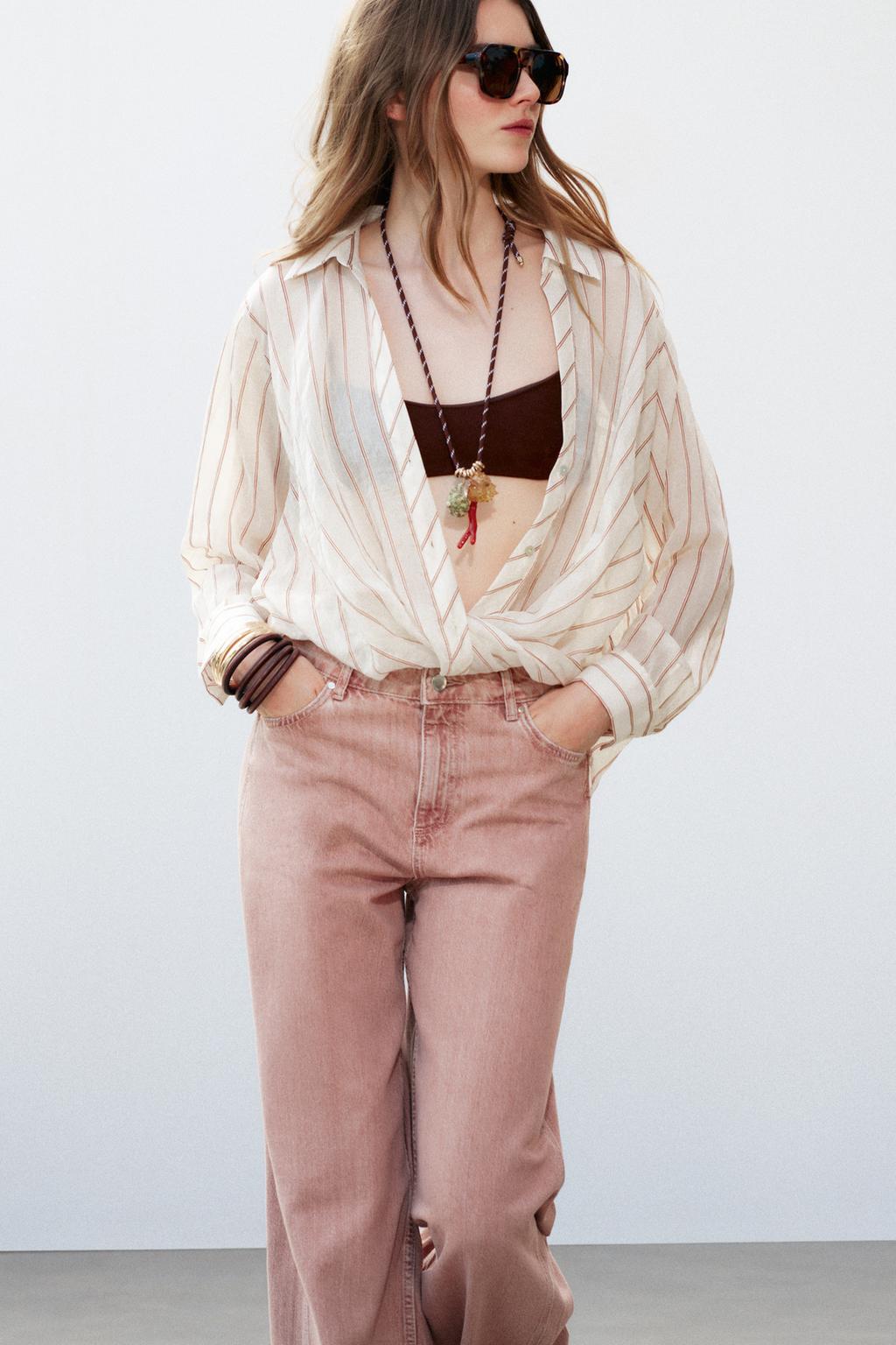 

Рубашка в полоску с узлом ZARA, цвет Ecru/Brown