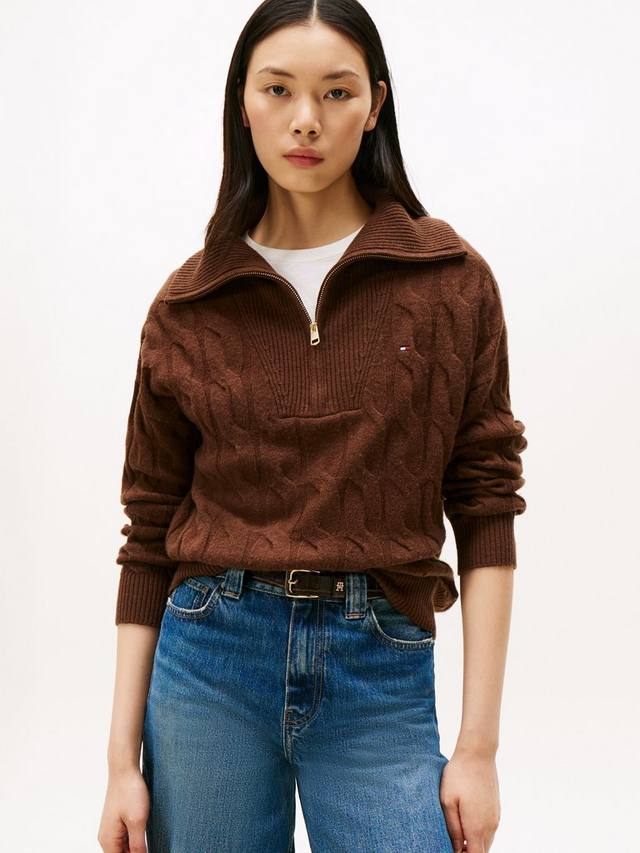 

Полузастёгивающийся свитер с косой вязкой из мягкой шерсти Tommy Hilfiger, Mid Brown