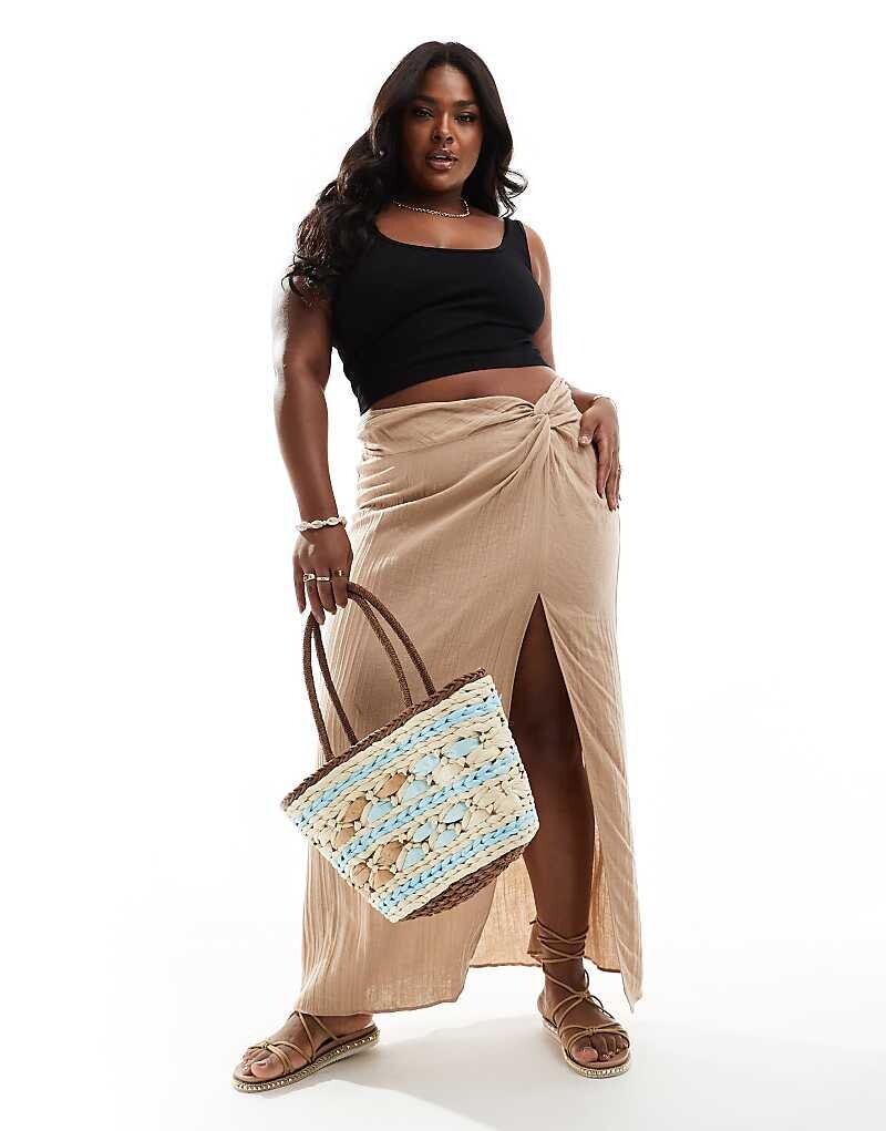 

Длинная юбка из каменного муслина ASOS DESIGN Curve с боковым узлом